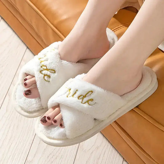 Bridal Open-Toe Slippers – Plush Wedding Day & Bridal Shower Gift