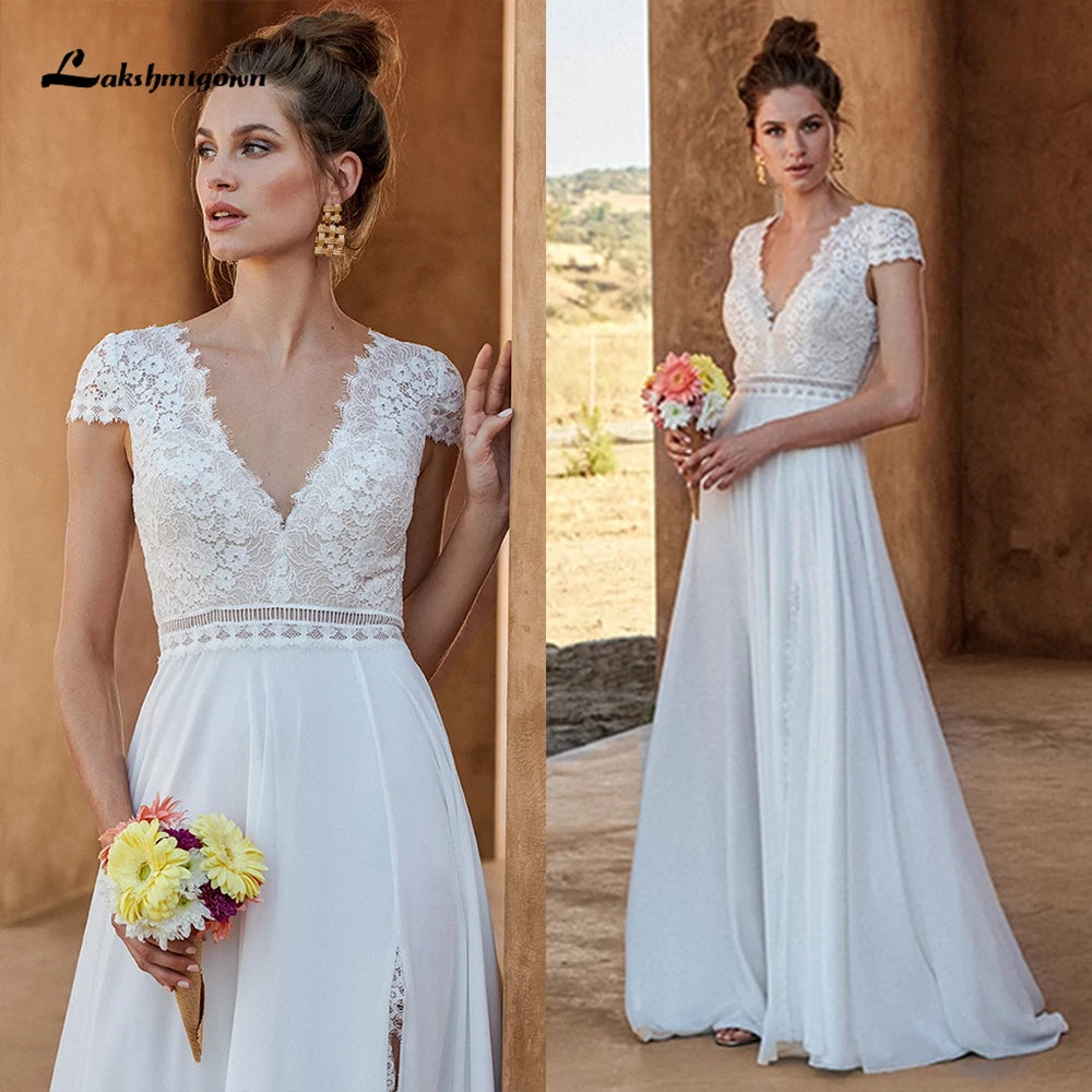 Boho V Neck Wedding Dress