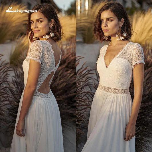 Boho Lace Wedding Dress – Deep V Neck, Open Back A-Line Bridal Gown