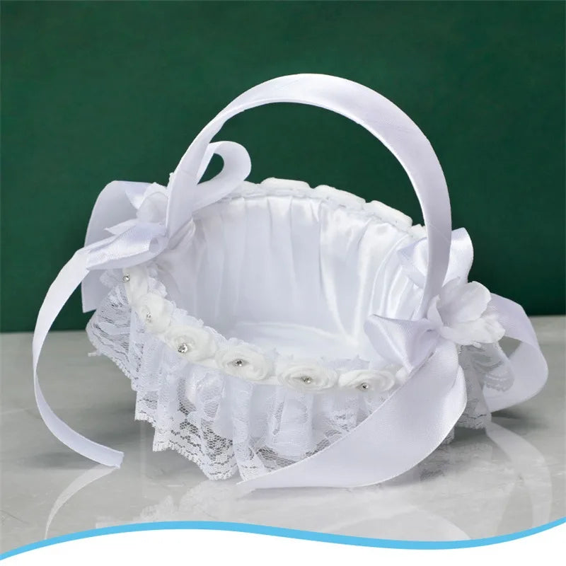 White Lace Pearl Flower Girl Basket