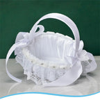 White Lace Pearl Flower Girl Basket