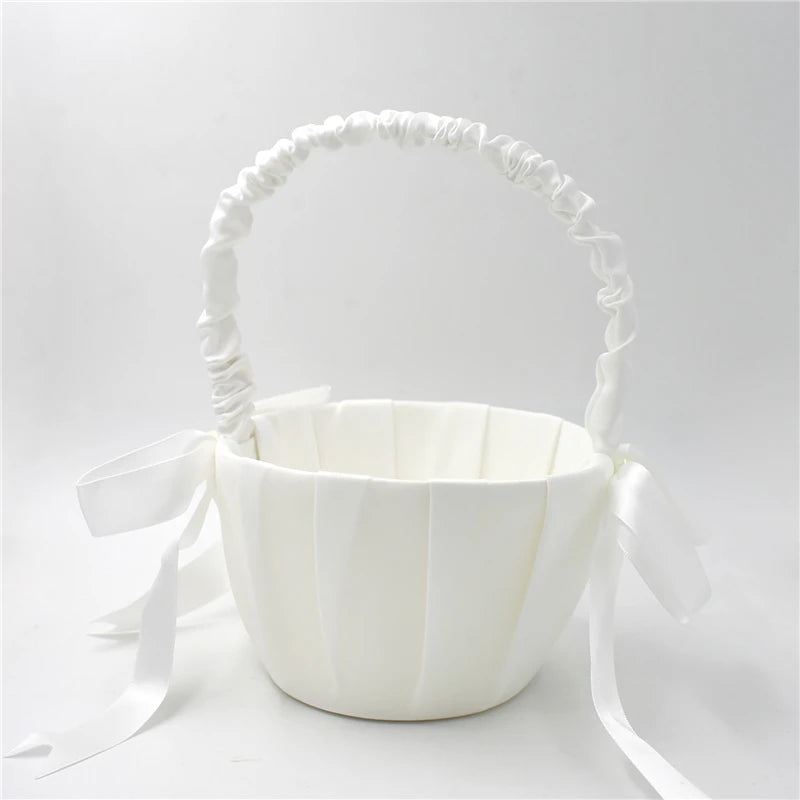 White Lace Pearl Flower Girl Basket