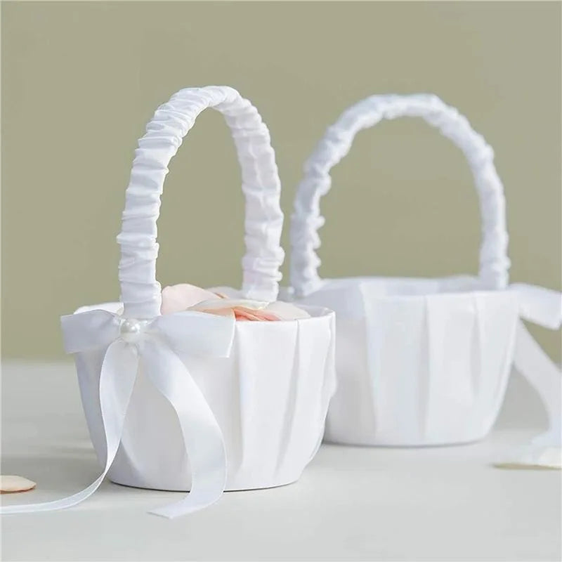 White Lace Pearl Flower Girl Basket