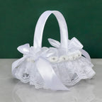 White Lace Pearl Flower Girl Basket