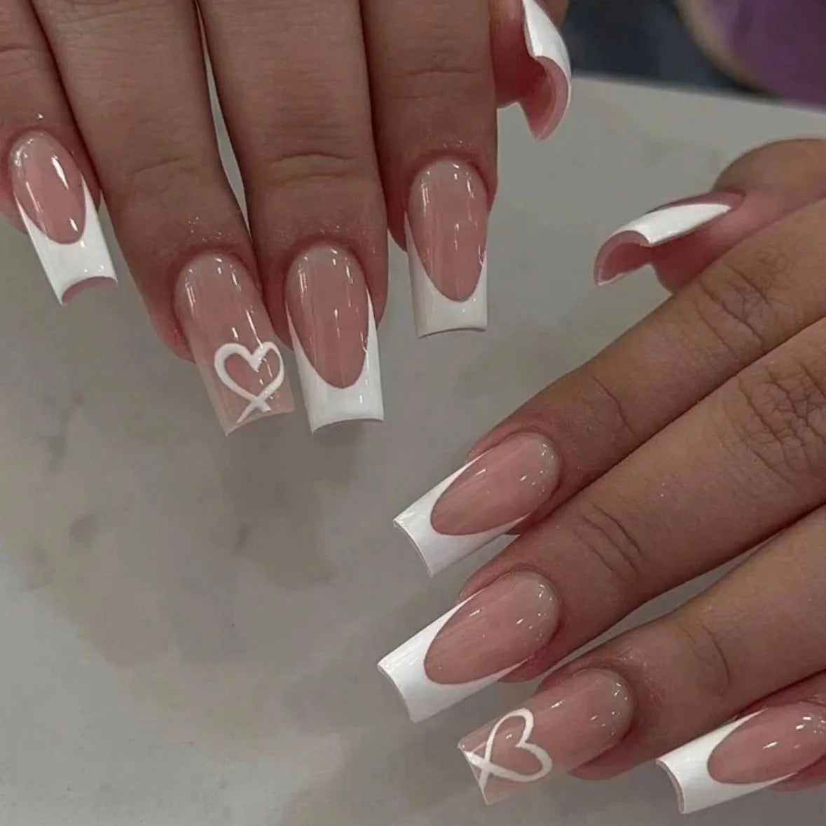 Pink Heart Print Fake Nails