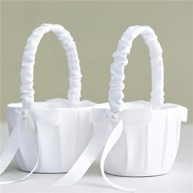 White Lace Pearl Flower Girl Basket
