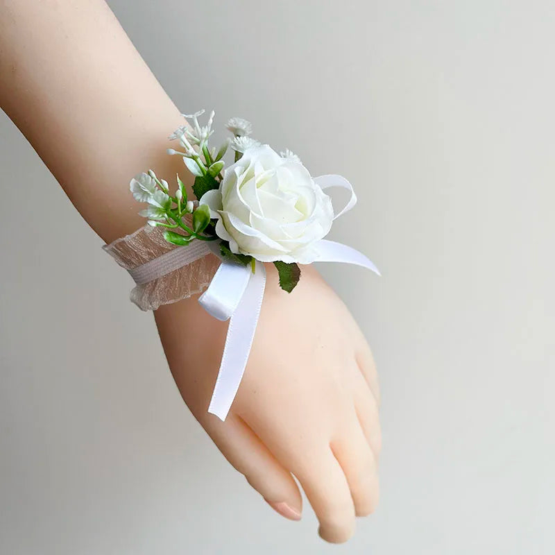 White Rose Baby Breath Corsage Set