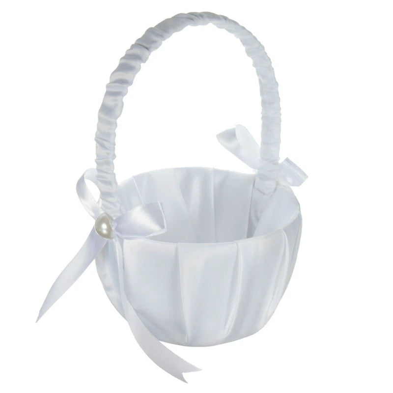 White Lace Pearl Flower Girl Basket