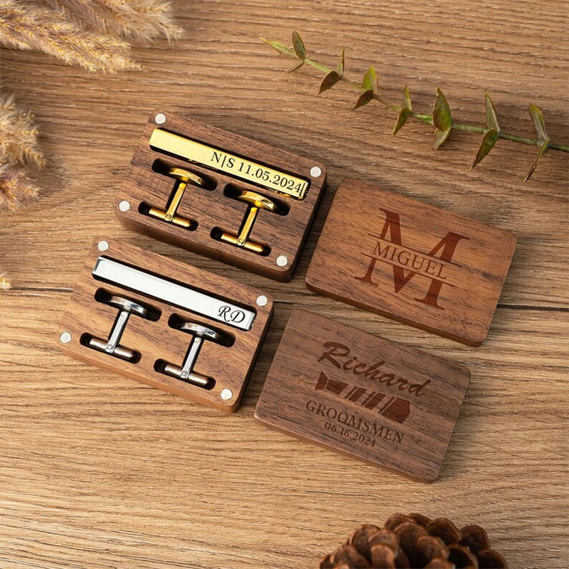 Personalized Groomsmen Cufflinks & Tie Clip Set