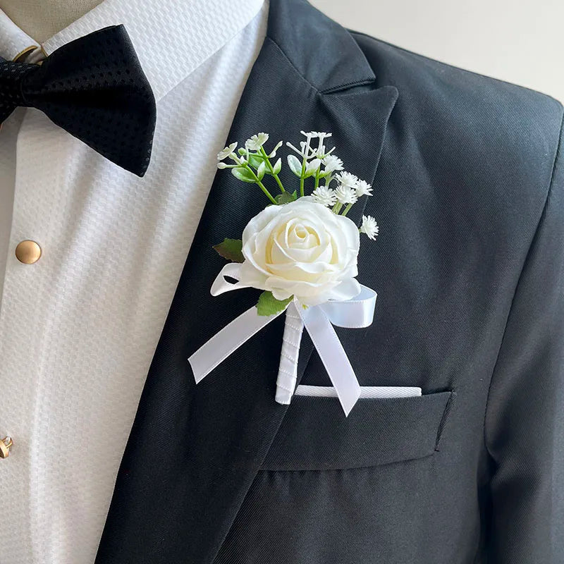 White Silk Rose Corsage Set