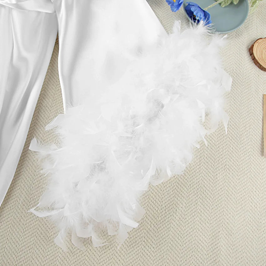 Feather Trim Bridal Kimono Robe