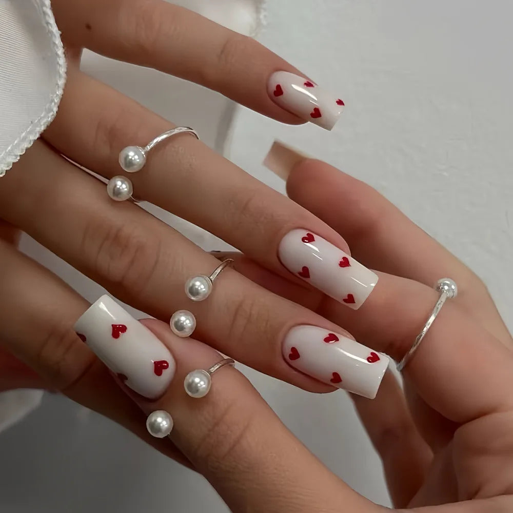 Pink Heart Print Fake Nails