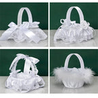 White Lace Pearl Flower Girl Basket