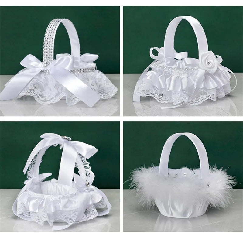 White Lace Pearl Flower Girl Basket