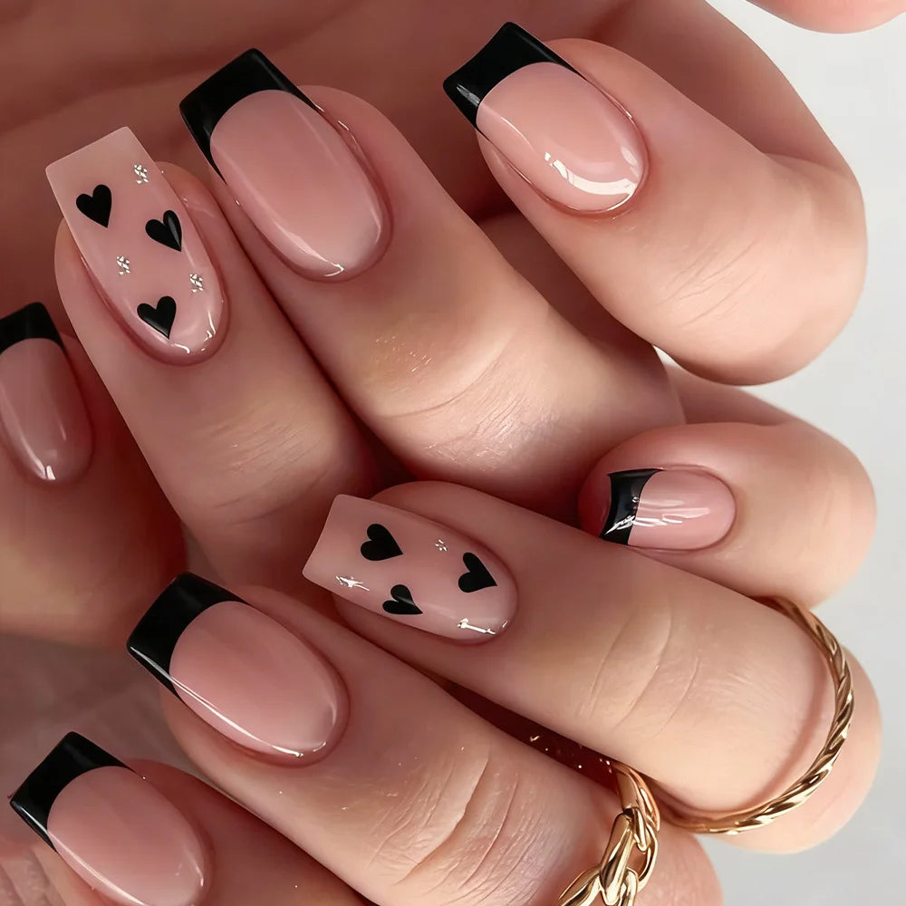 Pink Heart Print Fake Nails