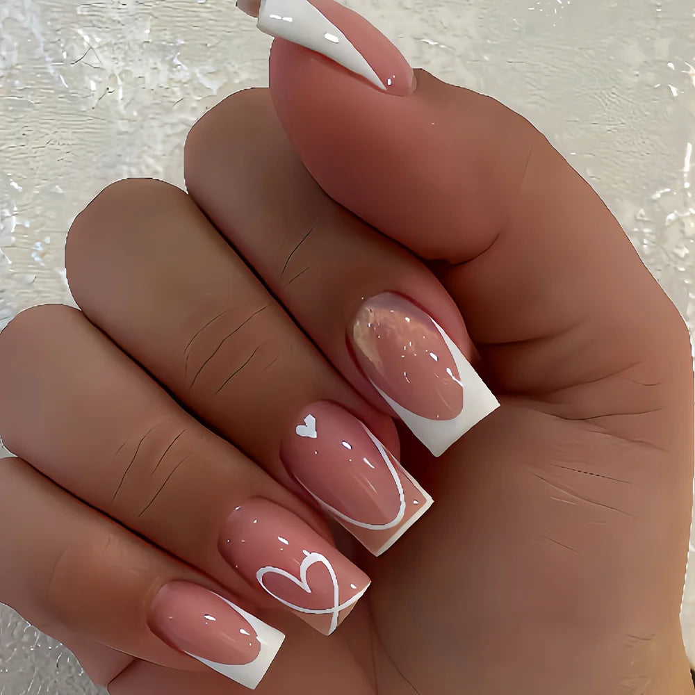 Pink Heart Print Fake Nails