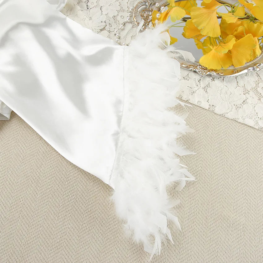 Luxury Satin Sleepwear Set for Women – V-Neck Silk Robe & Slip Nightdress with Feather Trim (2-Piece)