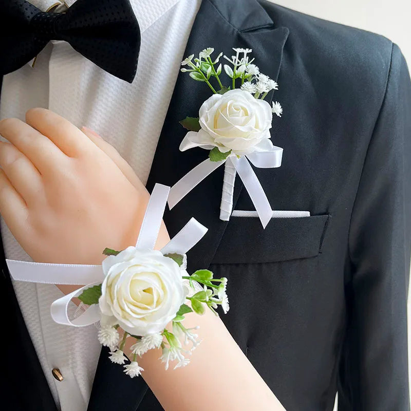 White Silk Rose Corsage Set