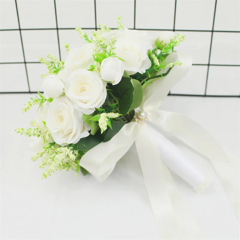 White Silk Rose Bridal Bouquet