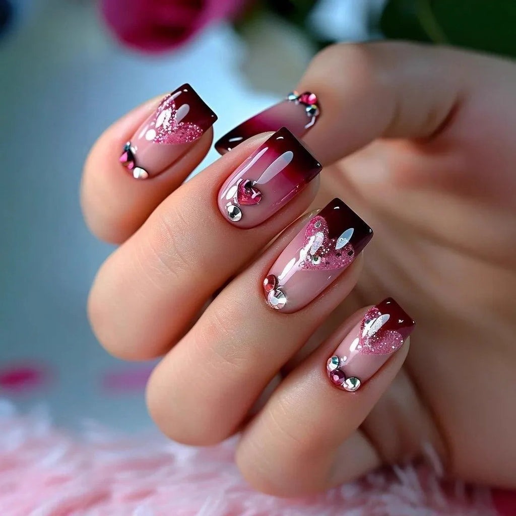 Pink Heart Print Fake Nails