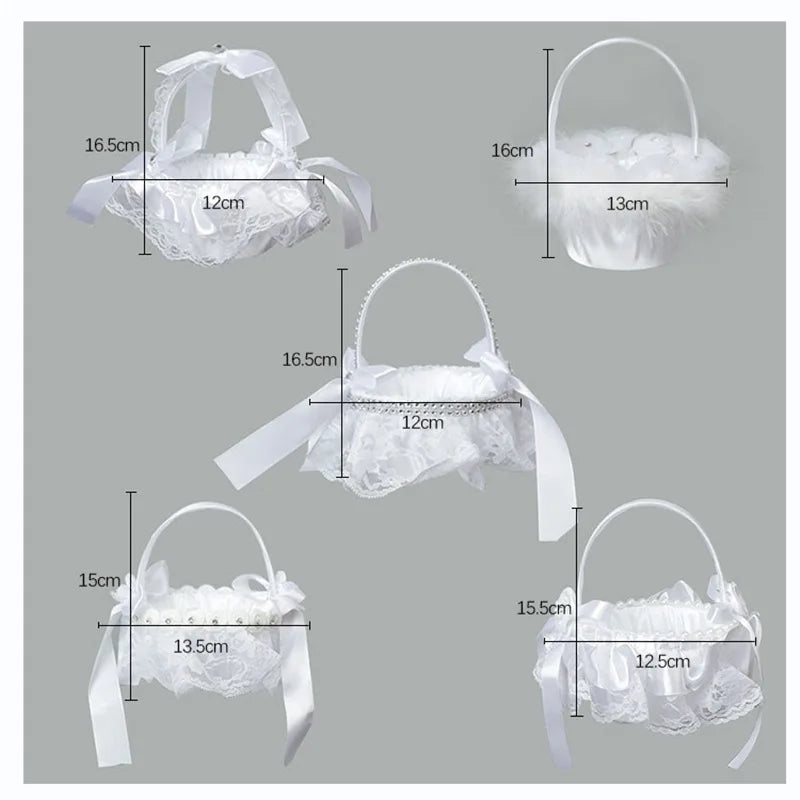 White Lace Pearl Flower Girl Basket