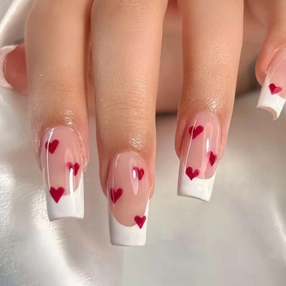 Pink Heart Print Fake Nails