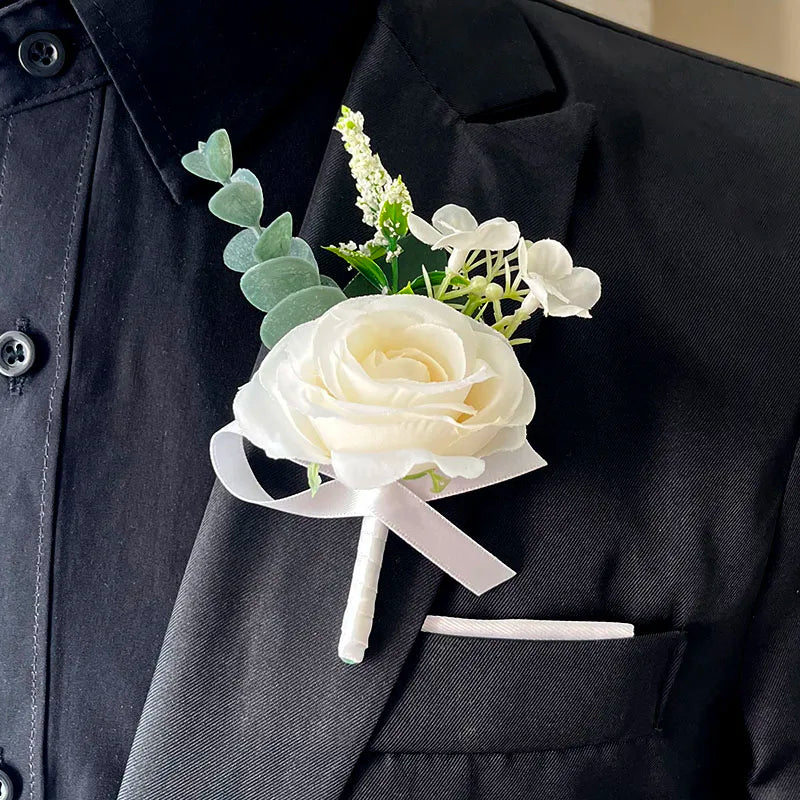 White Silk Rose Corsage Set
