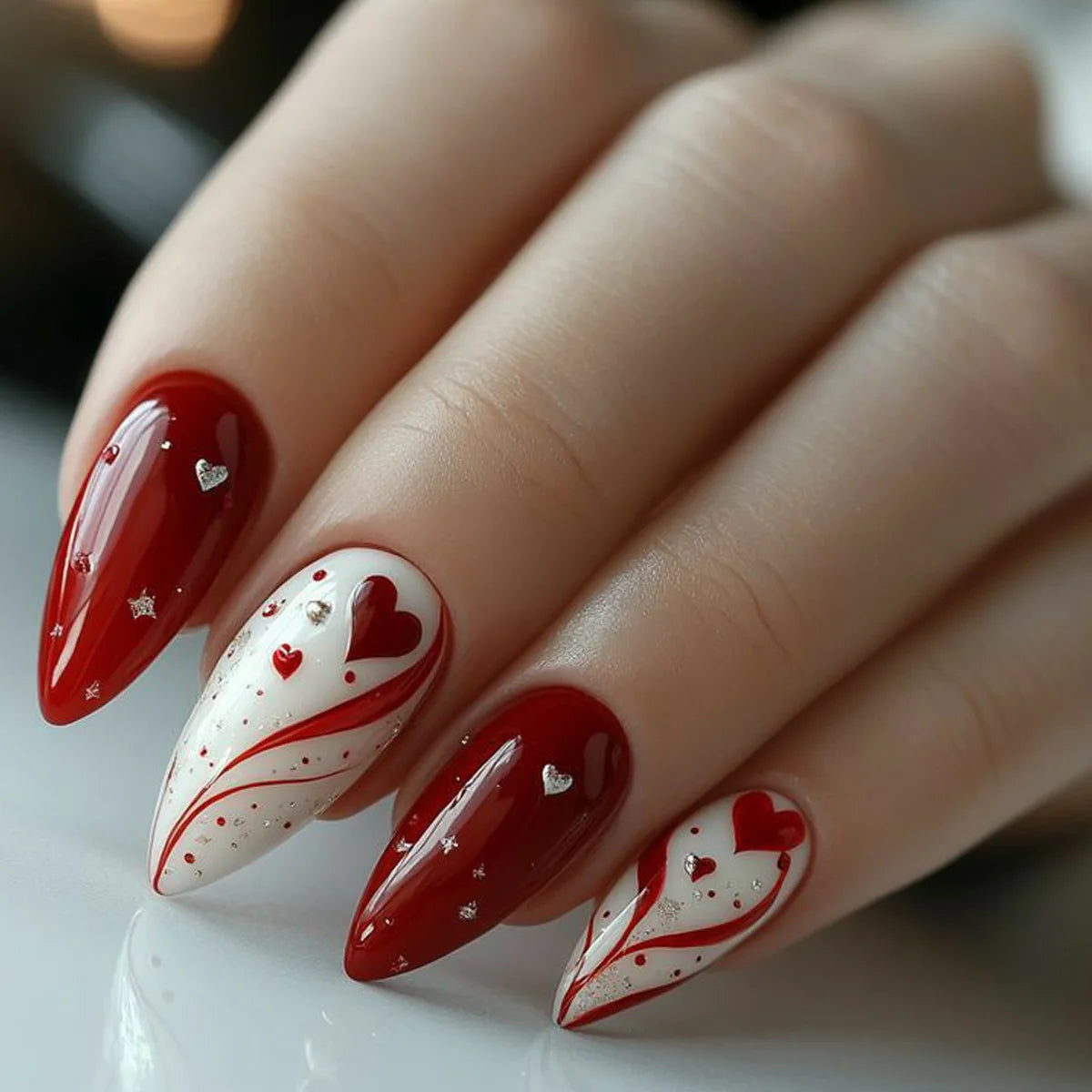 Pink Heart Print Fake Nails