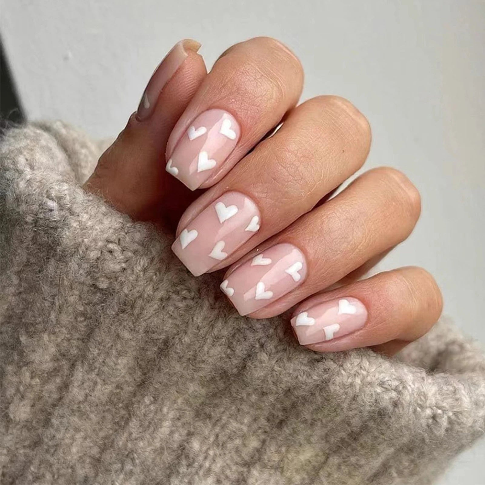 Pink Heart Print Fake Nails