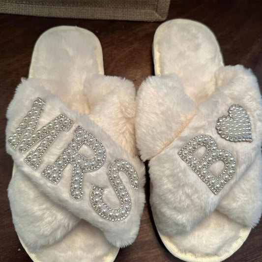 Personalized Pearl Initial Fluffy Slippers – White “Mrs.” Bride Wedding Gift
