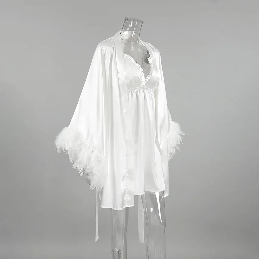 Luxury Satin Sleepwear Set for Women – V-Neck Silk Robe & Slip Nightdress with Feather Trim (2-Piece)