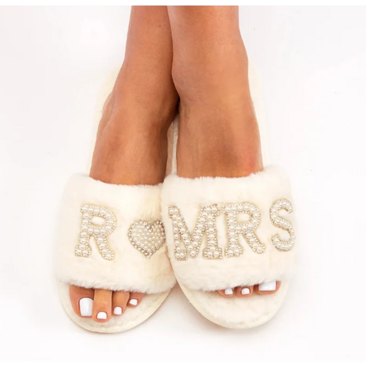 Personalized Mrs. Fluffy Slippers – Bride & Bride-To-Be Pearl Patch Wedding Gift