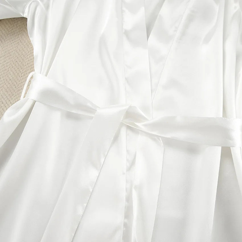 Luxury Satin Sleepwear Set for Women – V-Neck Silk Robe & Slip Nightdress with Feather Trim (2-Piece)