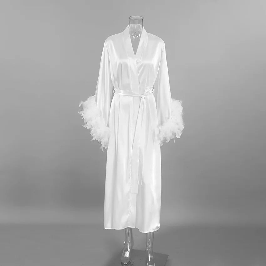 Feather Trim Bridal Kimono Robe