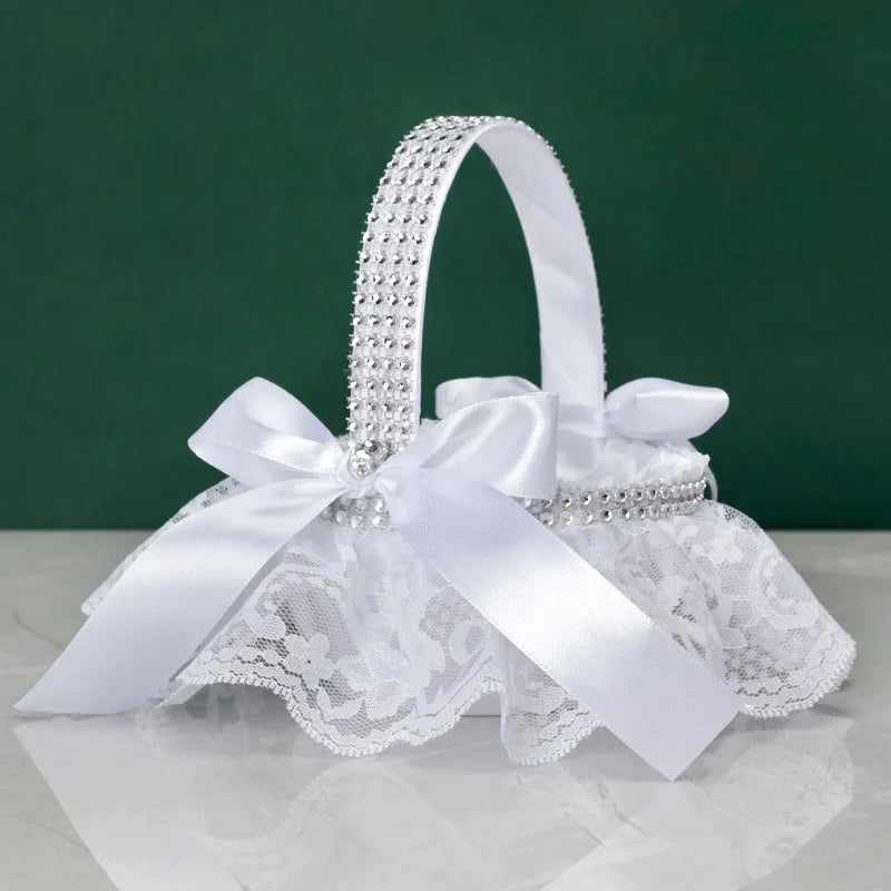 White Lace Pearl Flower Girl Basket