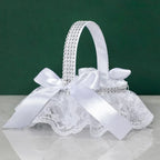 White Lace Pearl Flower Girl Basket