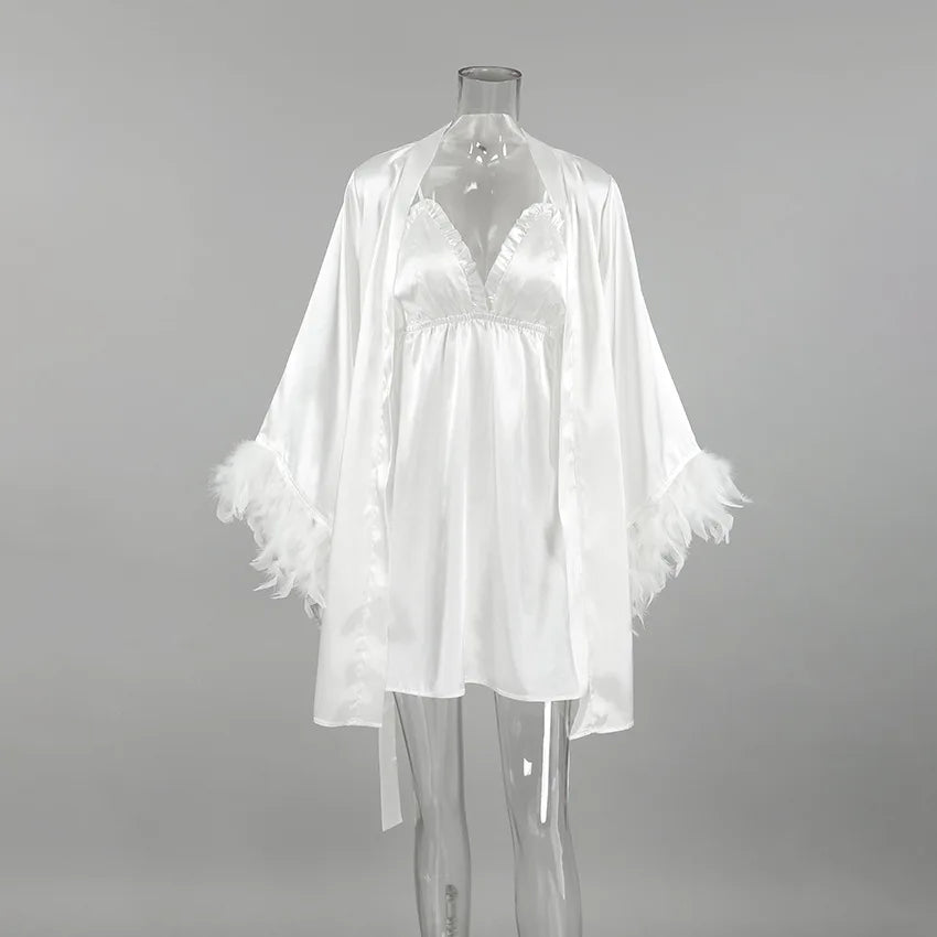 Luxury Satin Sleepwear Set for Women – V-Neck Silk Robe & Slip Nightdress with Feather Trim (2-Piece)