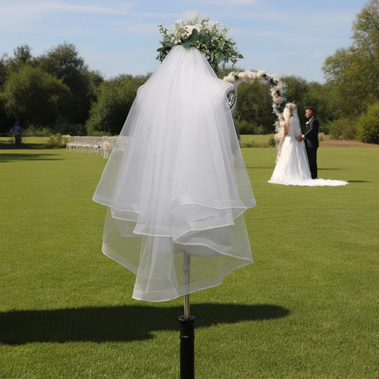 White Two-Layer Short Tulle Bridal Veil – Ribbon Edge Wedding Veil