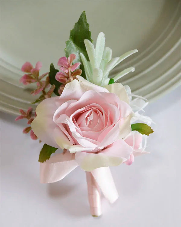 Beige & White Silk Rose Boutonniere