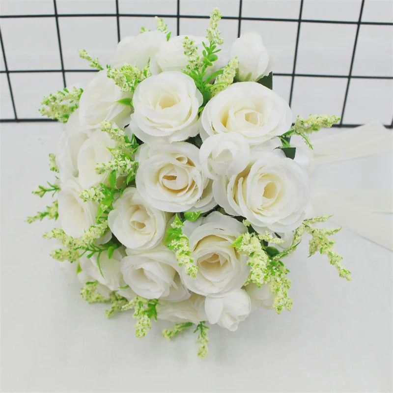 White Silk Rose Bridal Bouquet