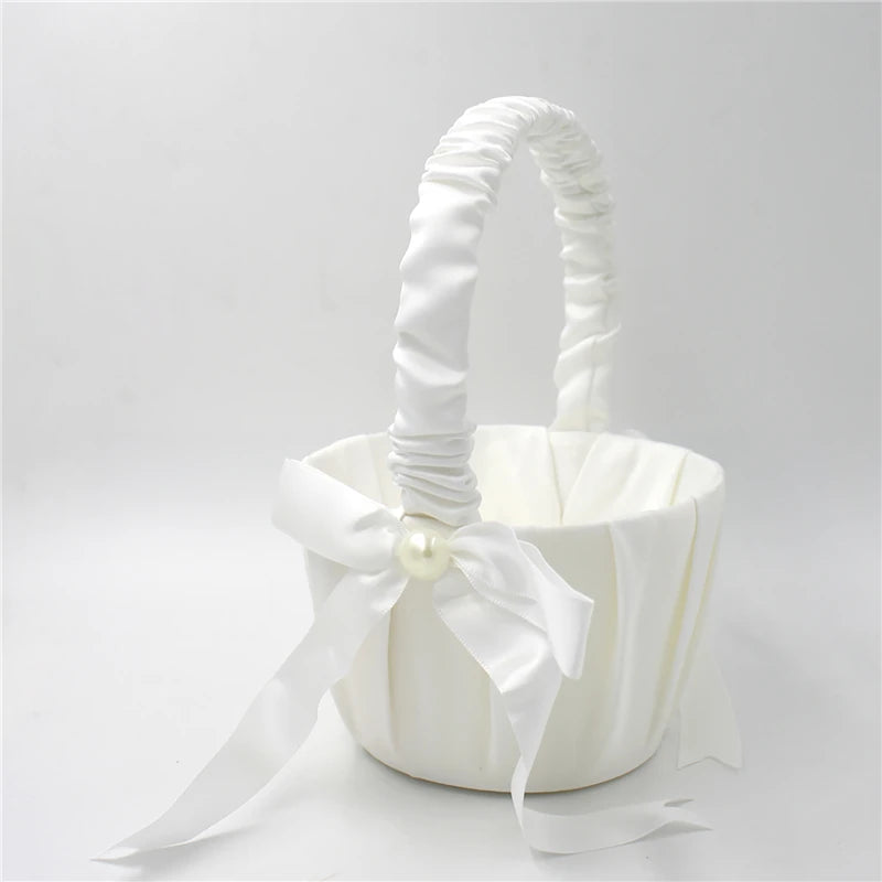 White Lace Pearl Flower Girl Basket