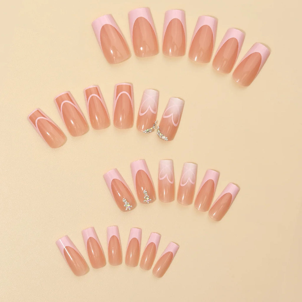 Pink Heart Print Fake Nails