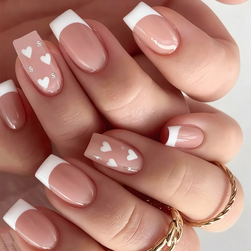 Pink Heart Print Fake Nails
