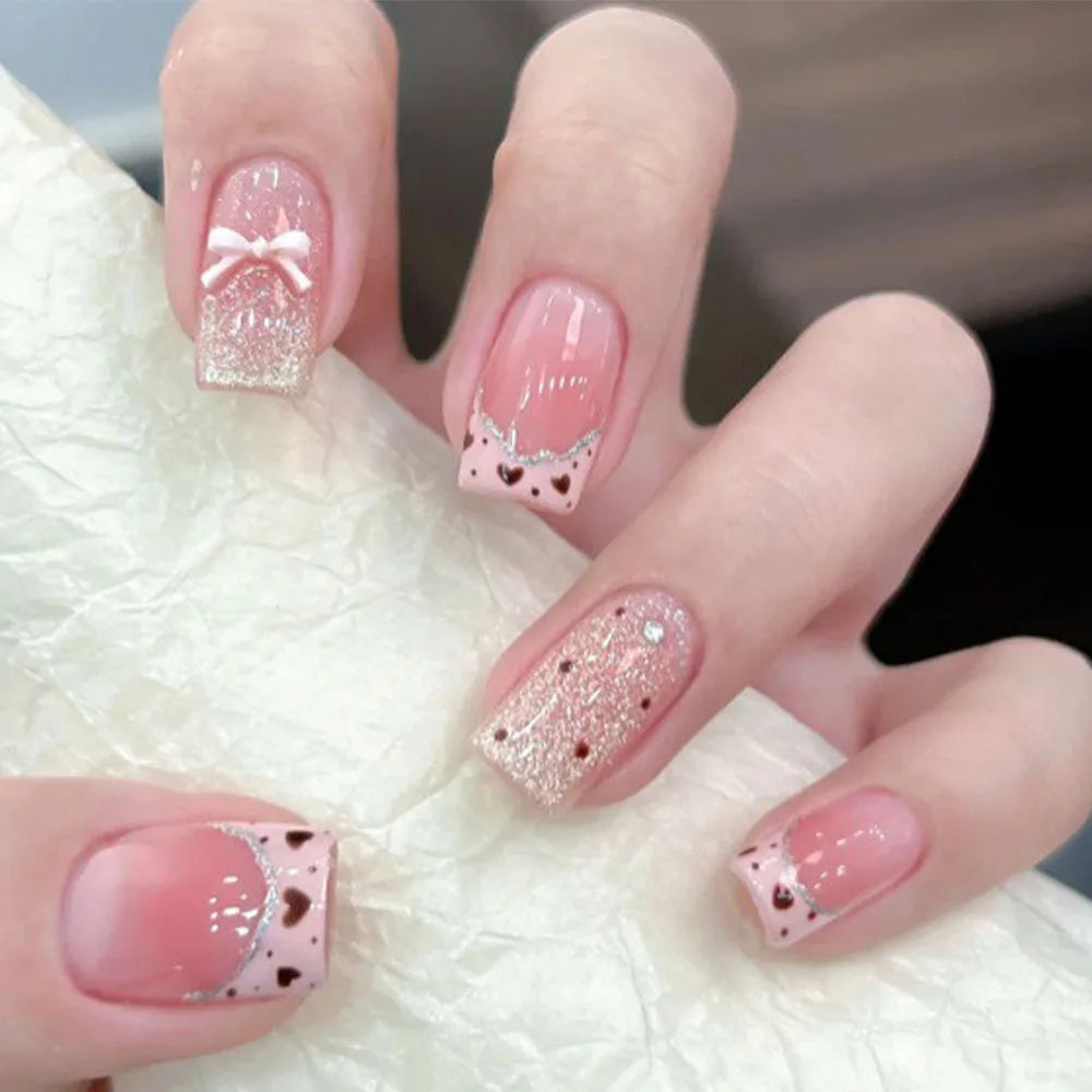 Pink Heart Print Fake Nails