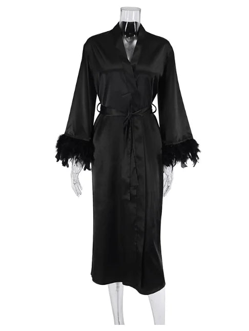 Feather Trim Bridal Kimono Robe