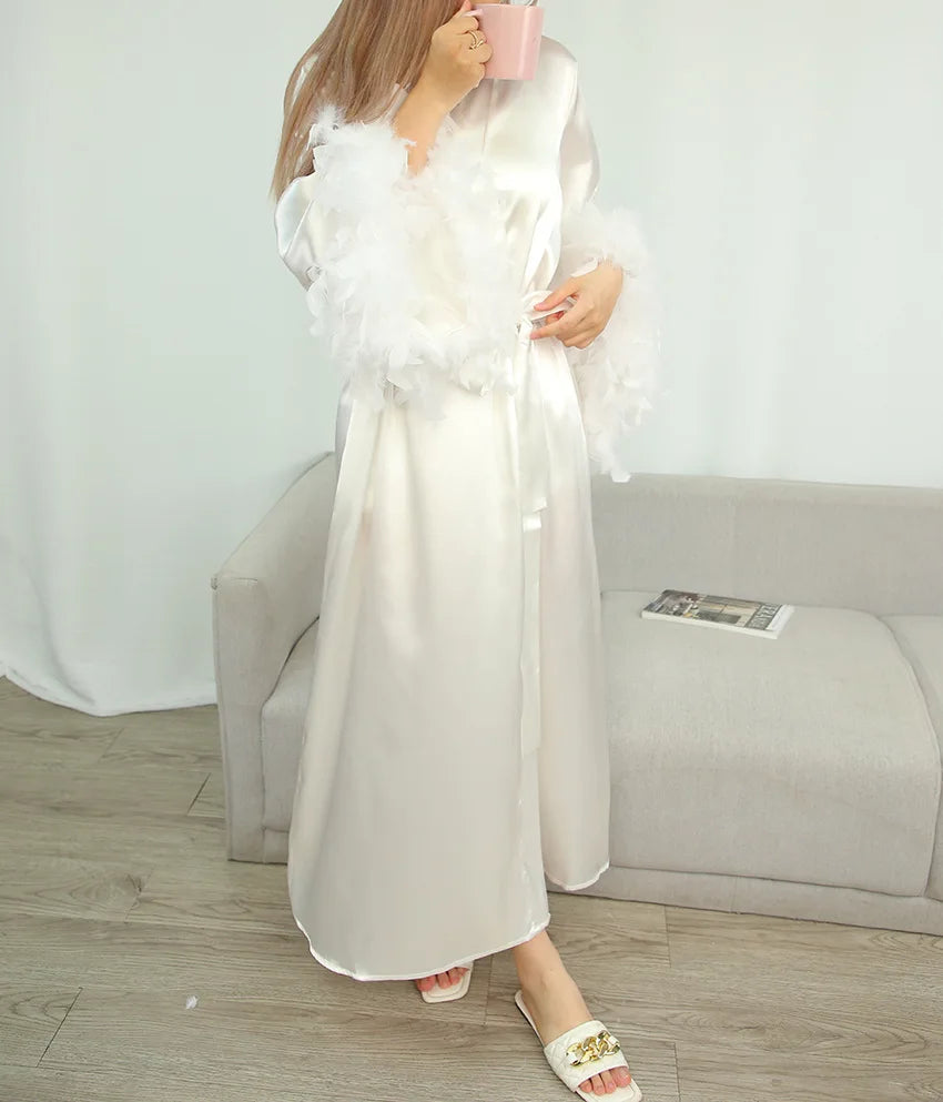 Feather Trim Bridal Kimono Robe