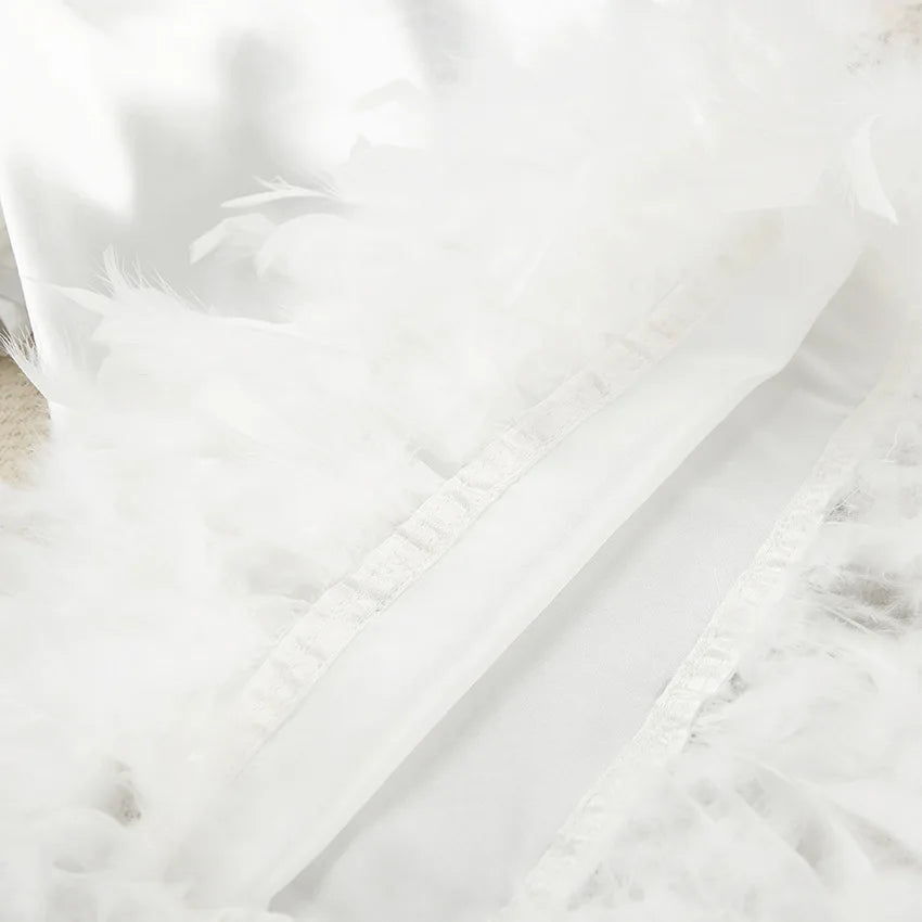 Luxury Satin Sleepwear Set for Women – V-Neck Silk Robe & Slip Nightdress with Feather Trim (2-Piece)