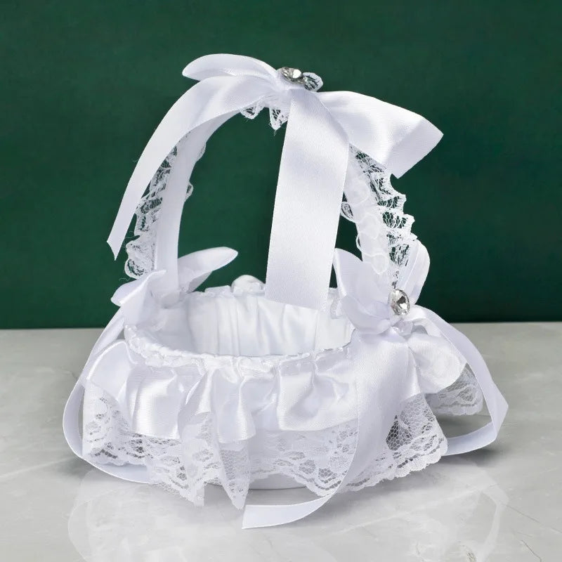White Lace Pearl Flower Girl Basket