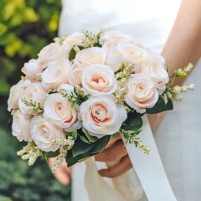White Silk Rose Bridal Bouquet