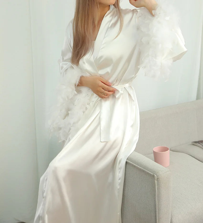Feather Trim Bridal Kimono Robe